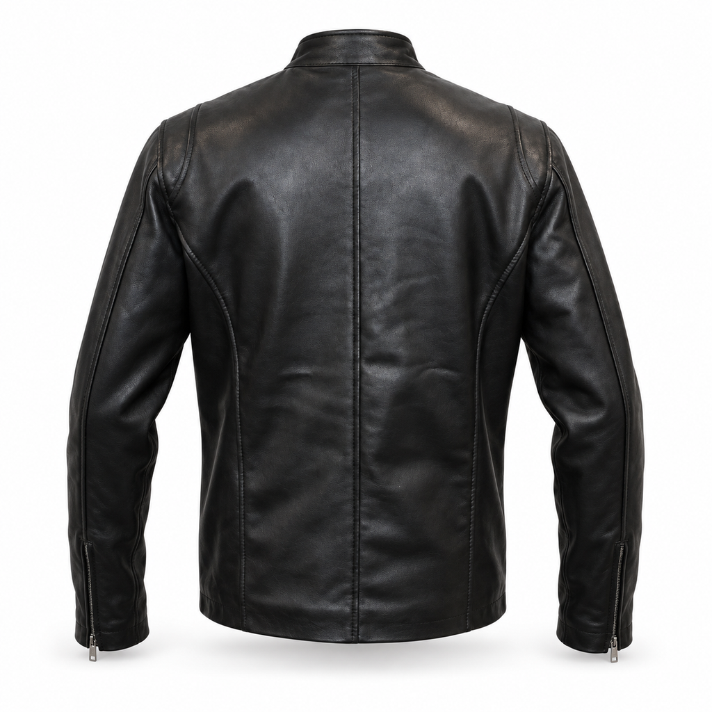 Men's classic black cafe racer leather jacket, back view