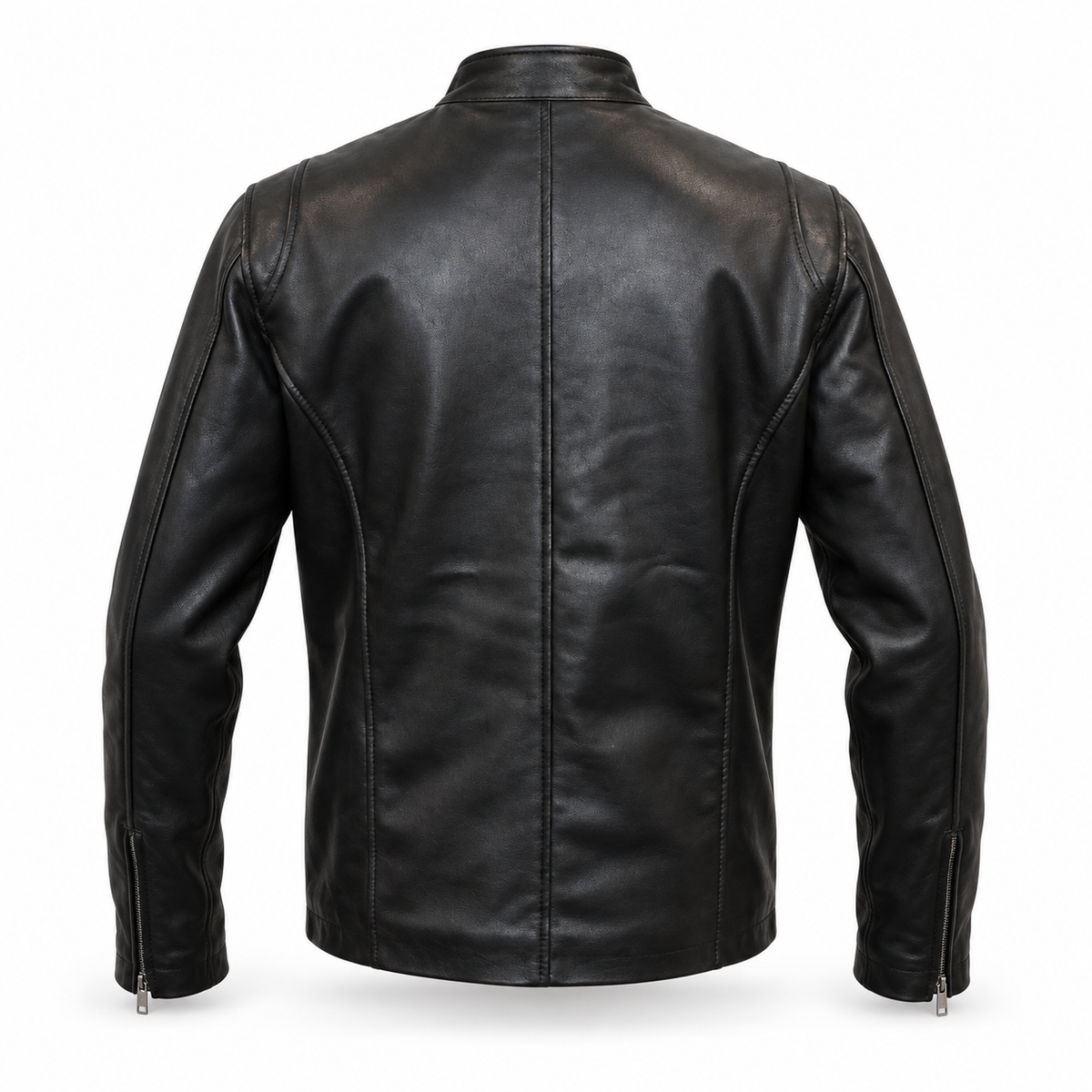 Men's classic black cafe racer leather jacket, back view