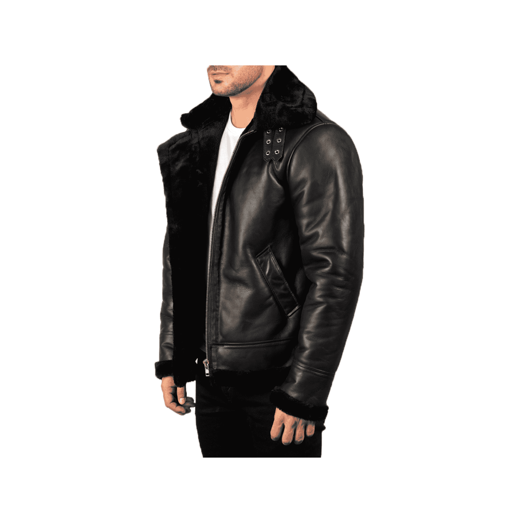 Men's Black Leather Jacket with Sheepskin Fur - ZOQ Leather
