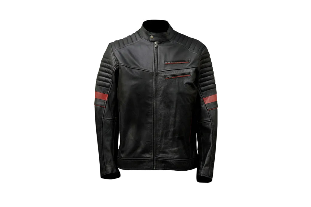 Men’s Black Leather Biker Jacket with Red Stripes - ZOQ Leather
