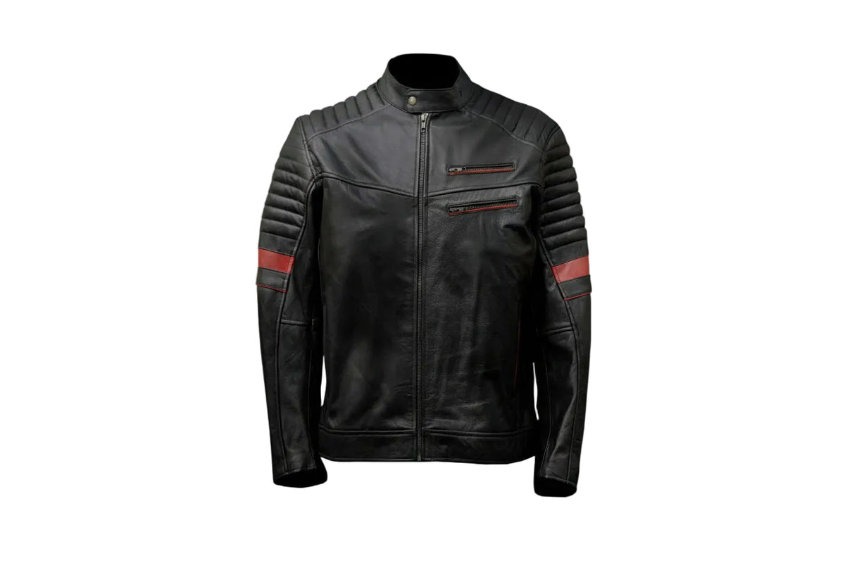 Men’s Black Leather Biker Jacket with Red Stripes - ZOQ Leather