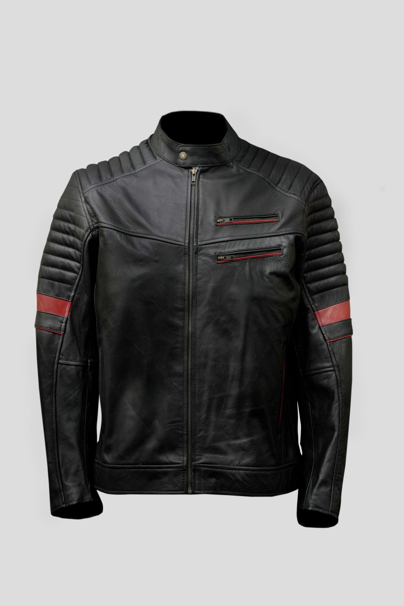 Men’s Black Leather Biker Jacket with Red Stripes - ZOQ Leather