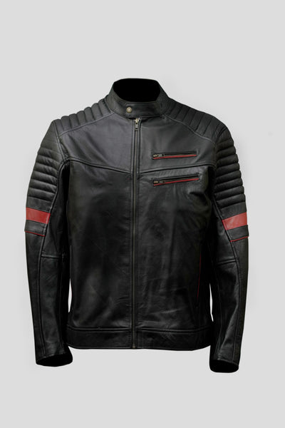 Men’s Black Leather Biker Jacket with Red Stripes - ZOQ Leather
