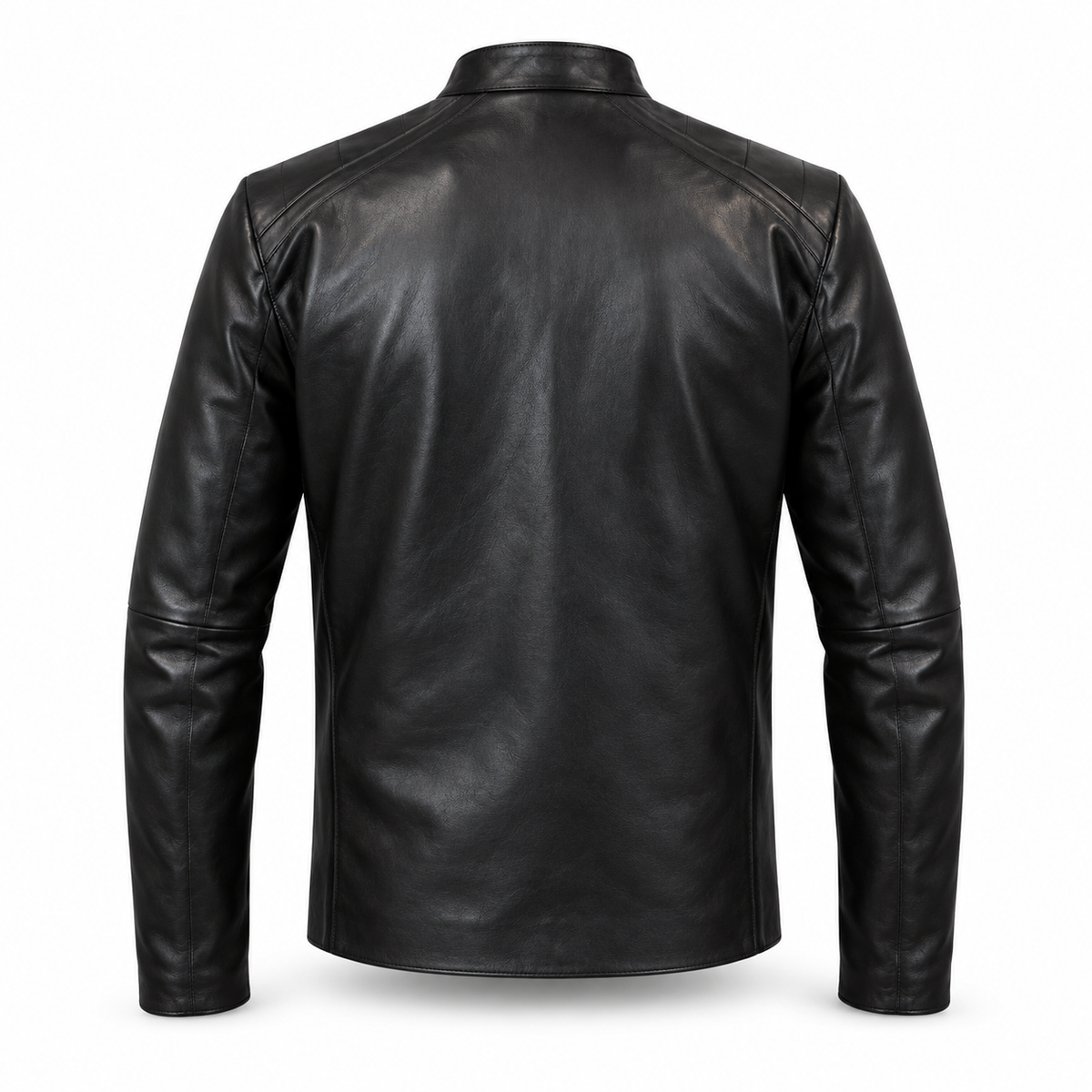 Men's classic black leather biker jacket, back view