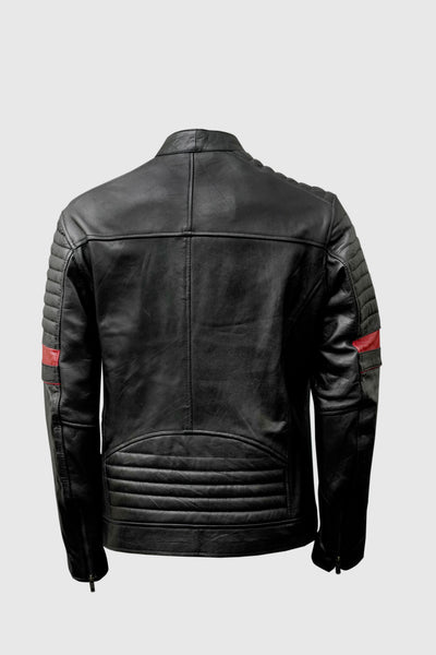 Men’s Black Leather Biker Jacket with Red Stripes - ZOQ Leather