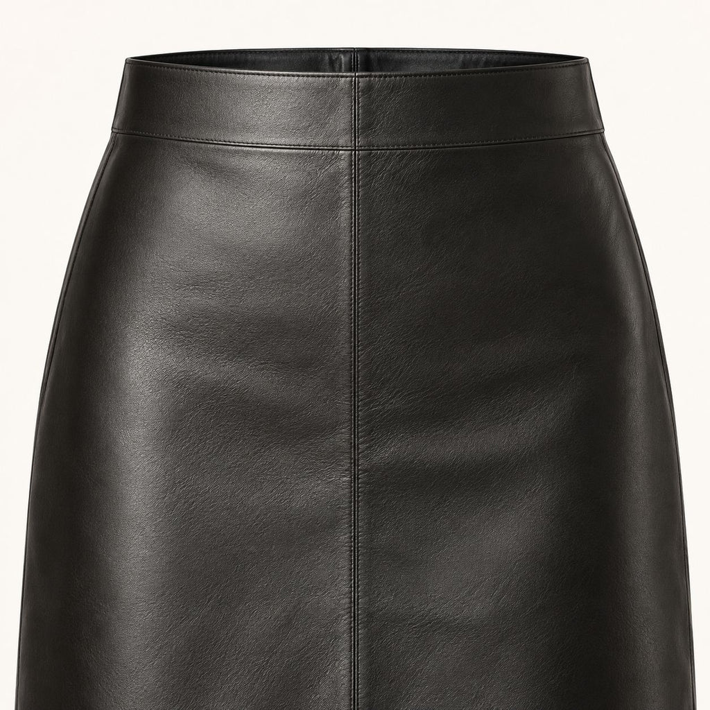 Close-up of black leather texture and waistband stitching detail