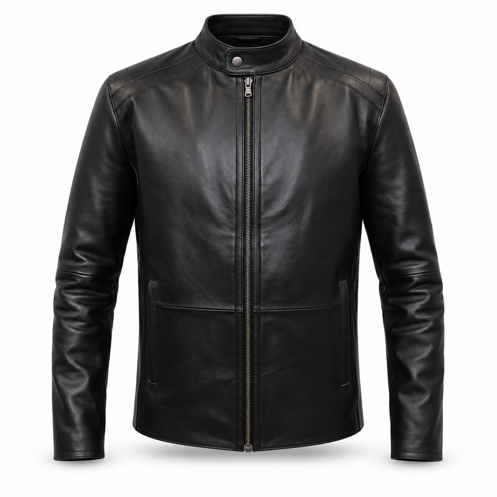 Men's classic black leather biker jacket, front view