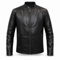 Men's classic black leather biker jacket, front view