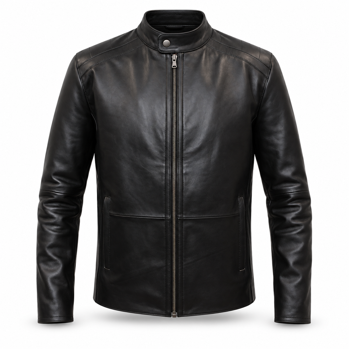Men's classic black leather biker jacket, front view
