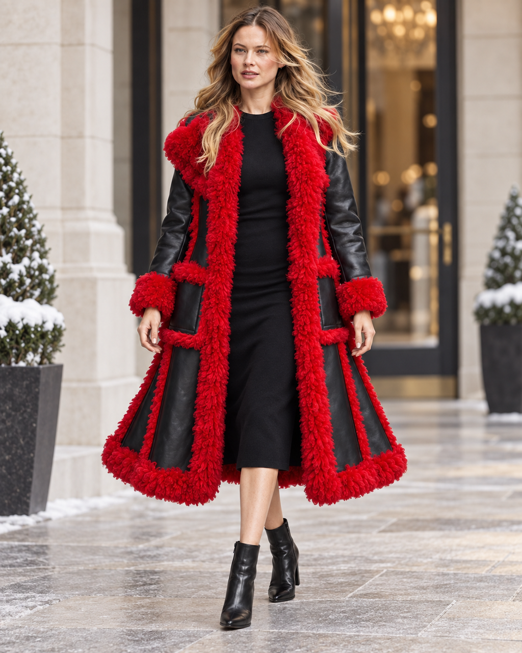 Woman wearing red faux shearling trench coat walking outdoors in winter setting
