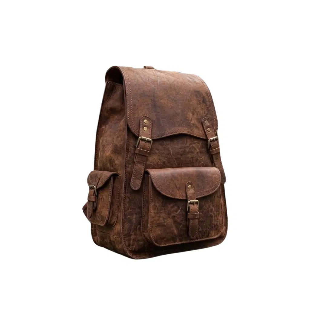 Distressed brown full-grain leather backpack, angled view