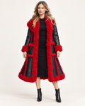 Woman wearing red faux shearling trench coat, front studio view