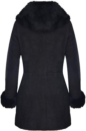 Women's Black Suede Merino Shearling Sheepskin Toscana Hooded Coat - ZOQ Leather