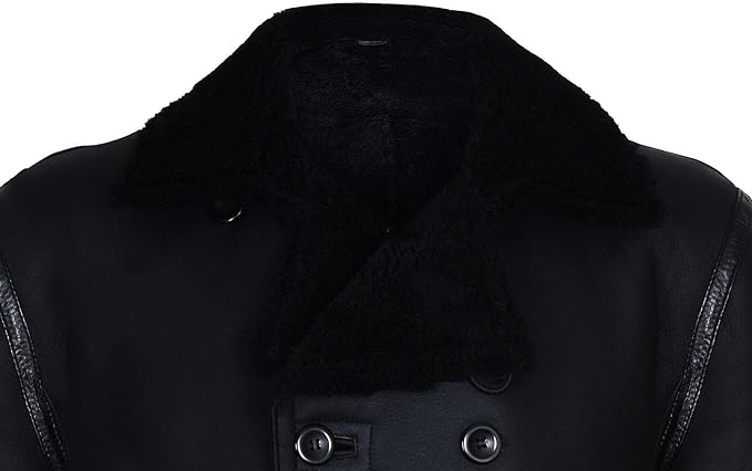 Mens Black German Double Breasted Real Sheepskin Shearling Leather Jacket Coat - ZOQ Leather