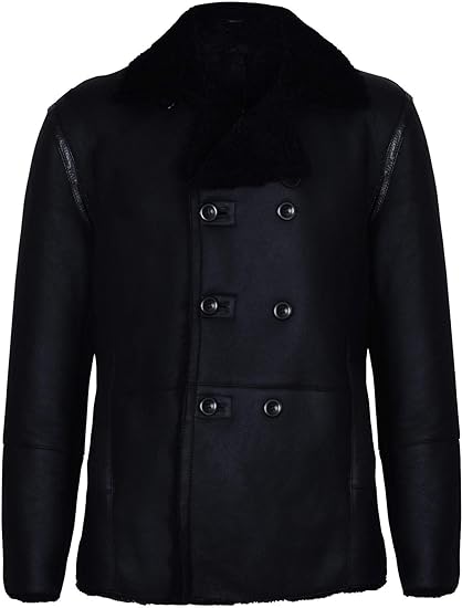 Mens Black German Double Breasted Real Sheepskin Shearling Leather Jacket Coat - ZOQ Leather