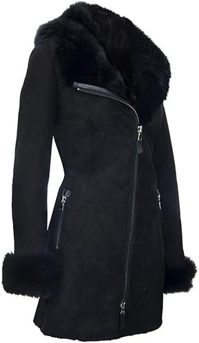 Women's Black Suede Merino Shearling Sheepskin Toscana Hooded Coat - ZOQ Leather