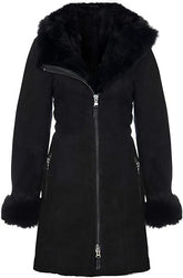 Women's Black Suede Merino Shearling Sheepskin Toscana Hooded Coat - ZOQ Leather