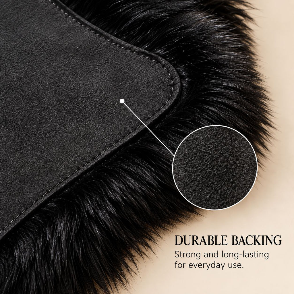 Durable suede backing detail on ZOQ Leather black fur floor mat
