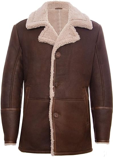 Mens Brown German Classic Real Sheepskin Shearling Leather Cromby Jacket Coat - ZOQ Leather