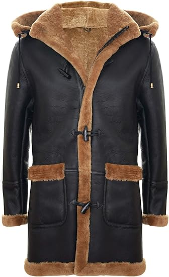 Long Real Sheepskin Leather Ginger Brown Hooded Duffle Coat - ZOQ Leather