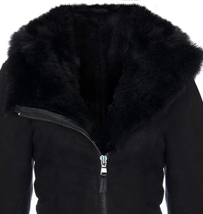 Women's Black Suede Merino Shearling Sheepskin Toscana Hooded Coat - ZOQ Leather