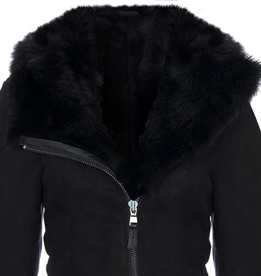 Women's Black Suede Merino Shearling Sheepskin Toscana Hooded Coat - ZOQ Leather