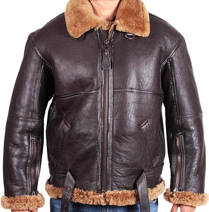 Men's Shearling Aviator Jacket - Genuine Leather with Fur Collar | Classic Winter Bomber Style