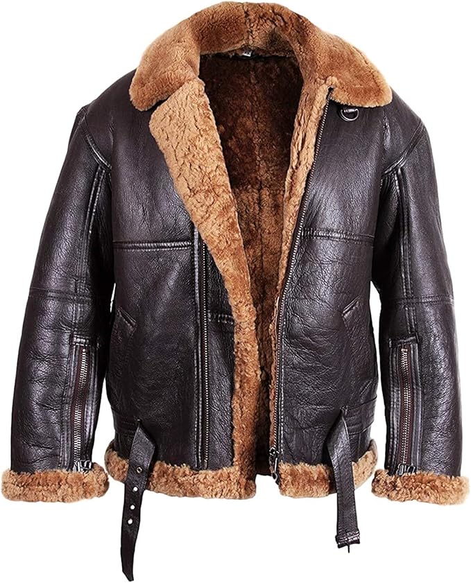 Men's Shearling Aviator Jacket - Genuine Leather with Fur Collar | Classic Winter Bomber Style