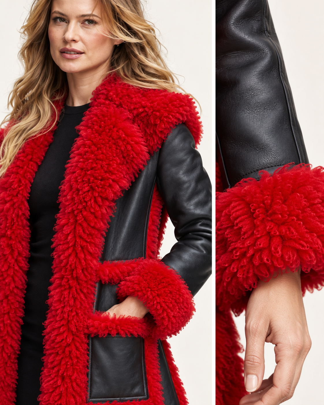 Close-up of red faux shearling collar and cuff detail on trench coat