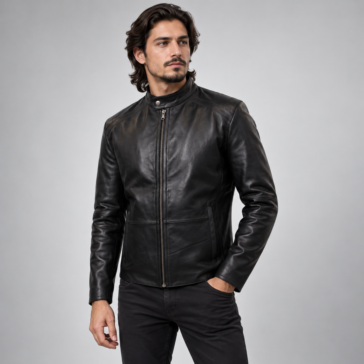 Man wearing classic black leather biker jacket, front angle