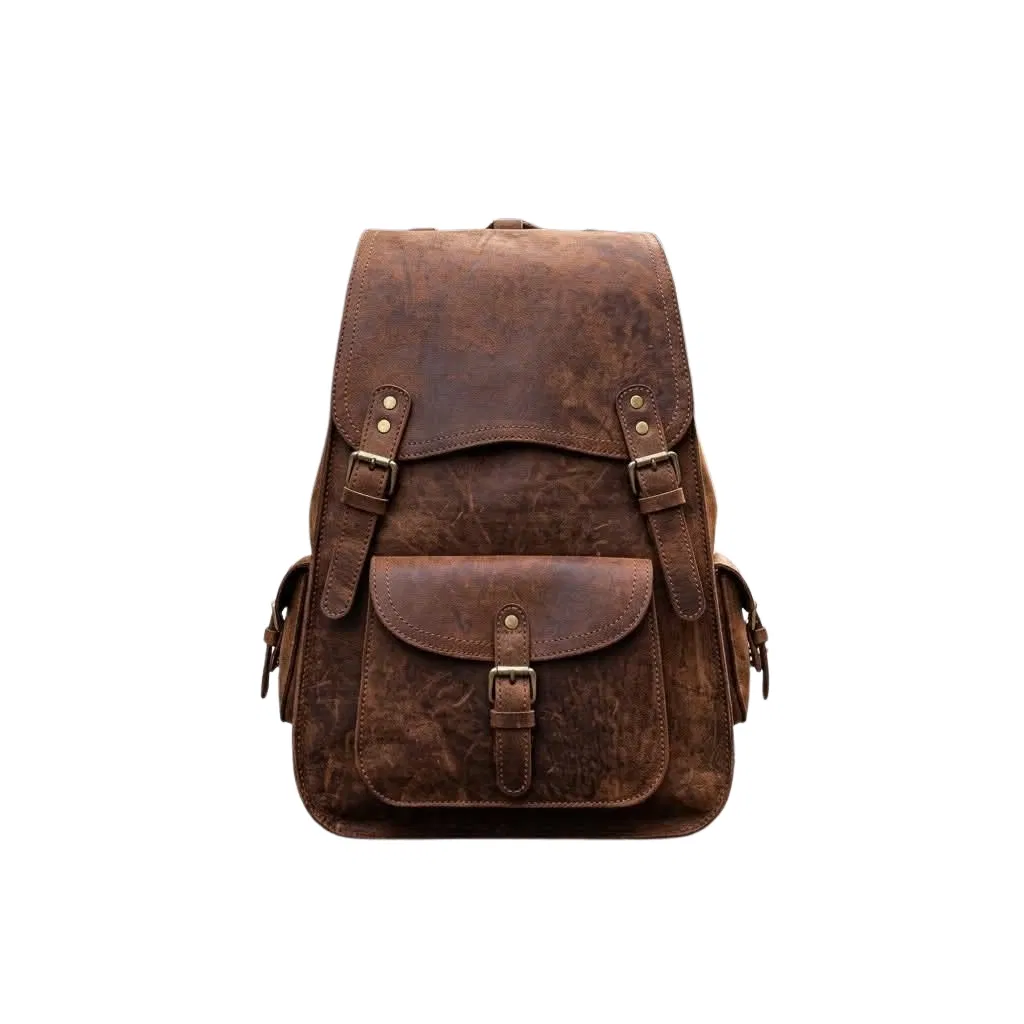 Distressed brown full-grain leather backpack, front view