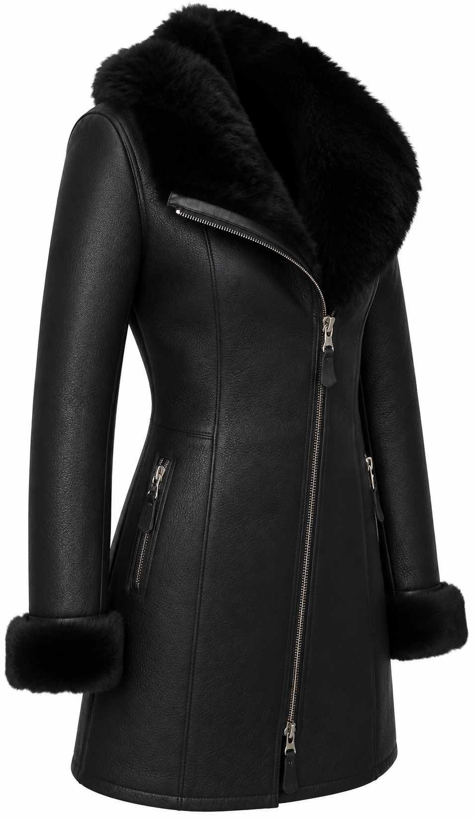 Astrid Premium Lambskin Long Coat with Shearling Fur - ZOQ Leather