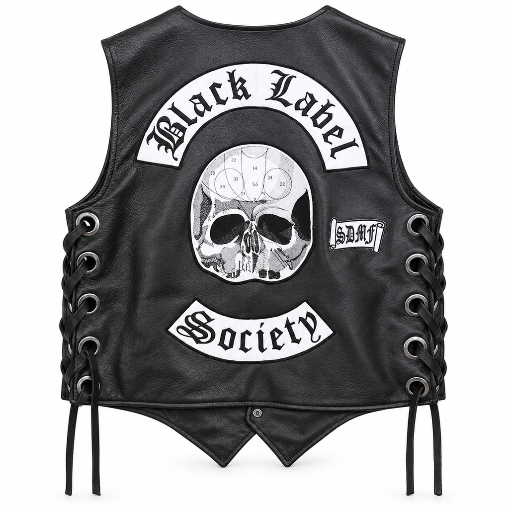 Men's Black Leather Biker Vest with Doom Crew Inc Patches