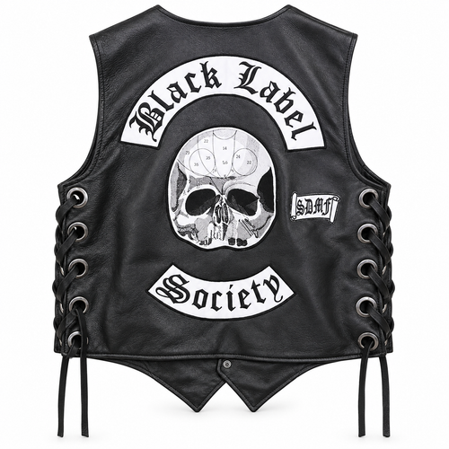 Men's Black Leather Biker Vest with Doom Crew Inc Patches