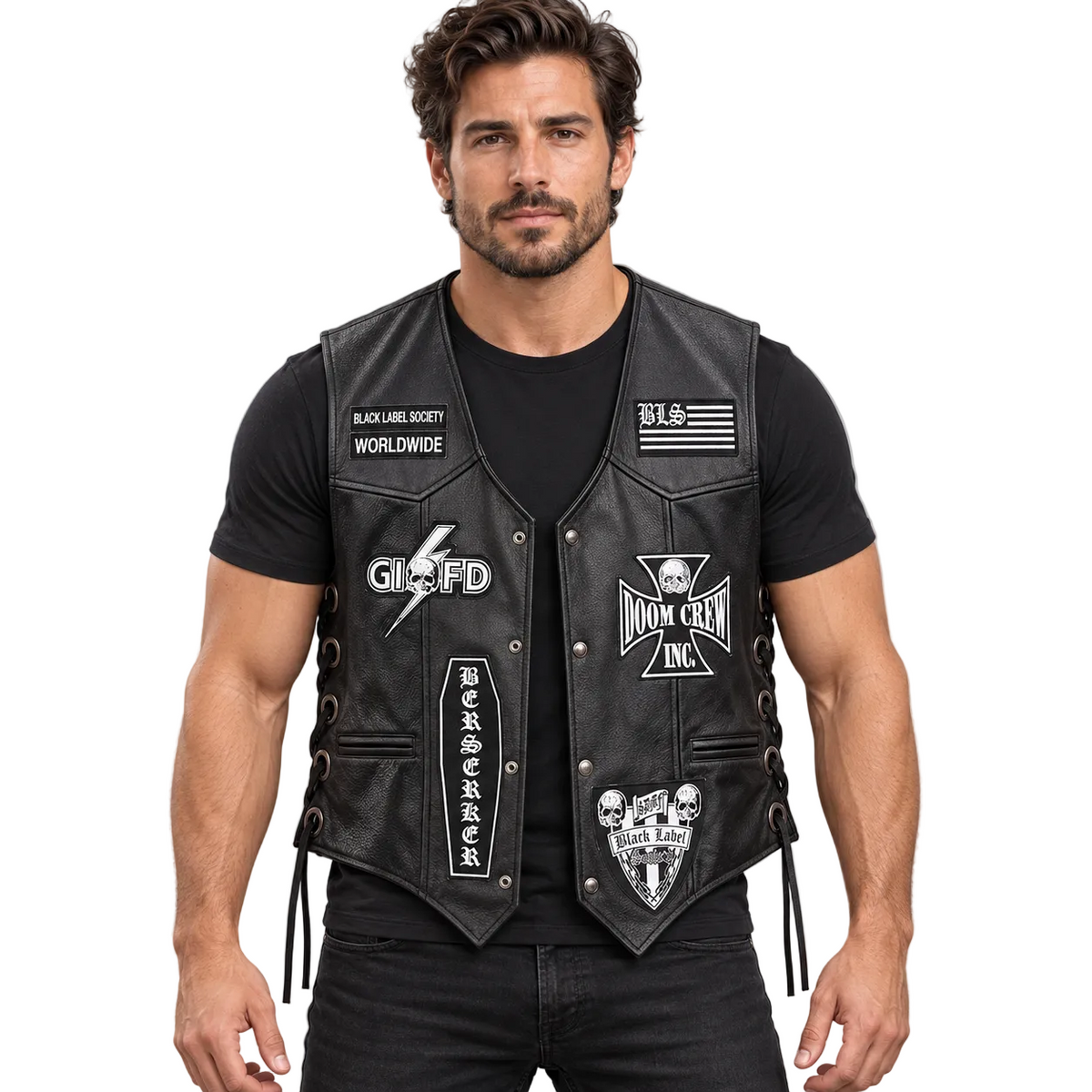 Men's Black Leather Biker Vest with Doom Crew Inc Patches