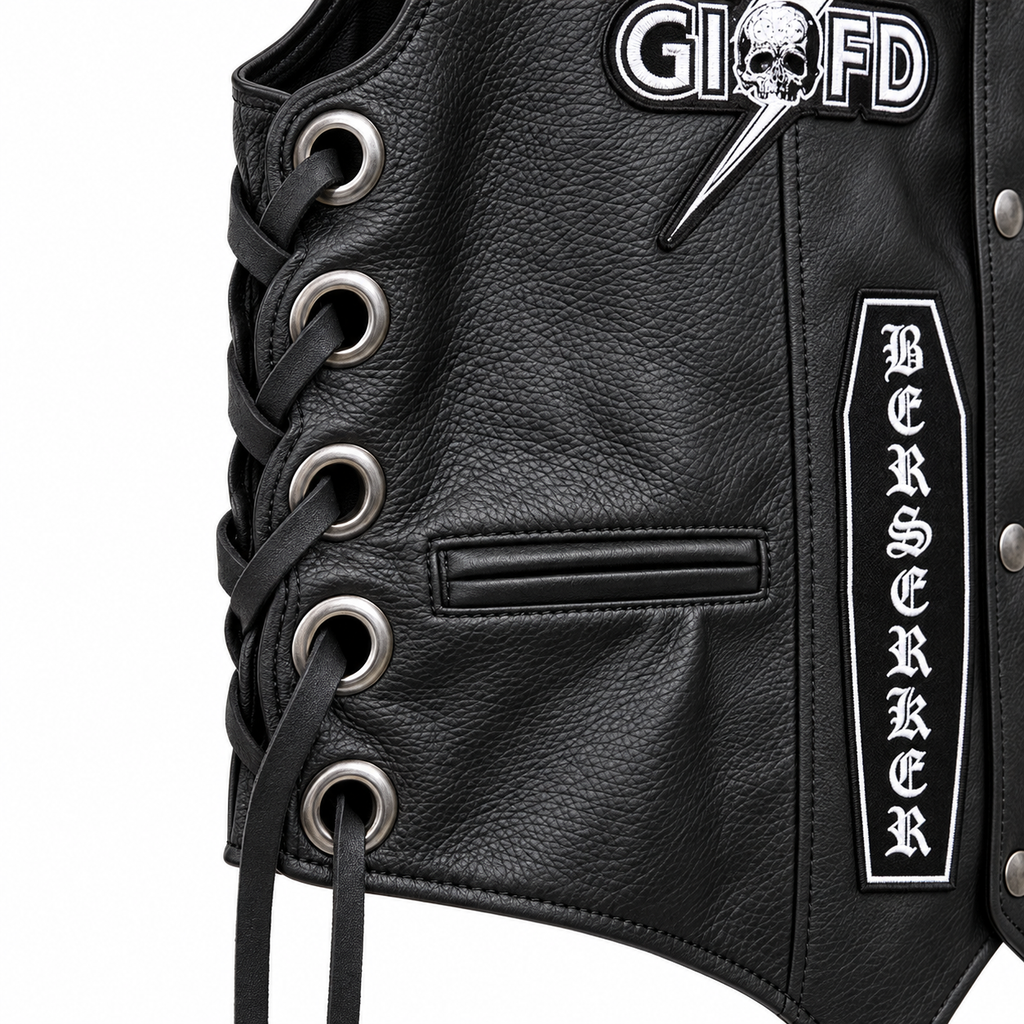 Men's Black Leather Biker Vest with Doom Crew Inc Patches