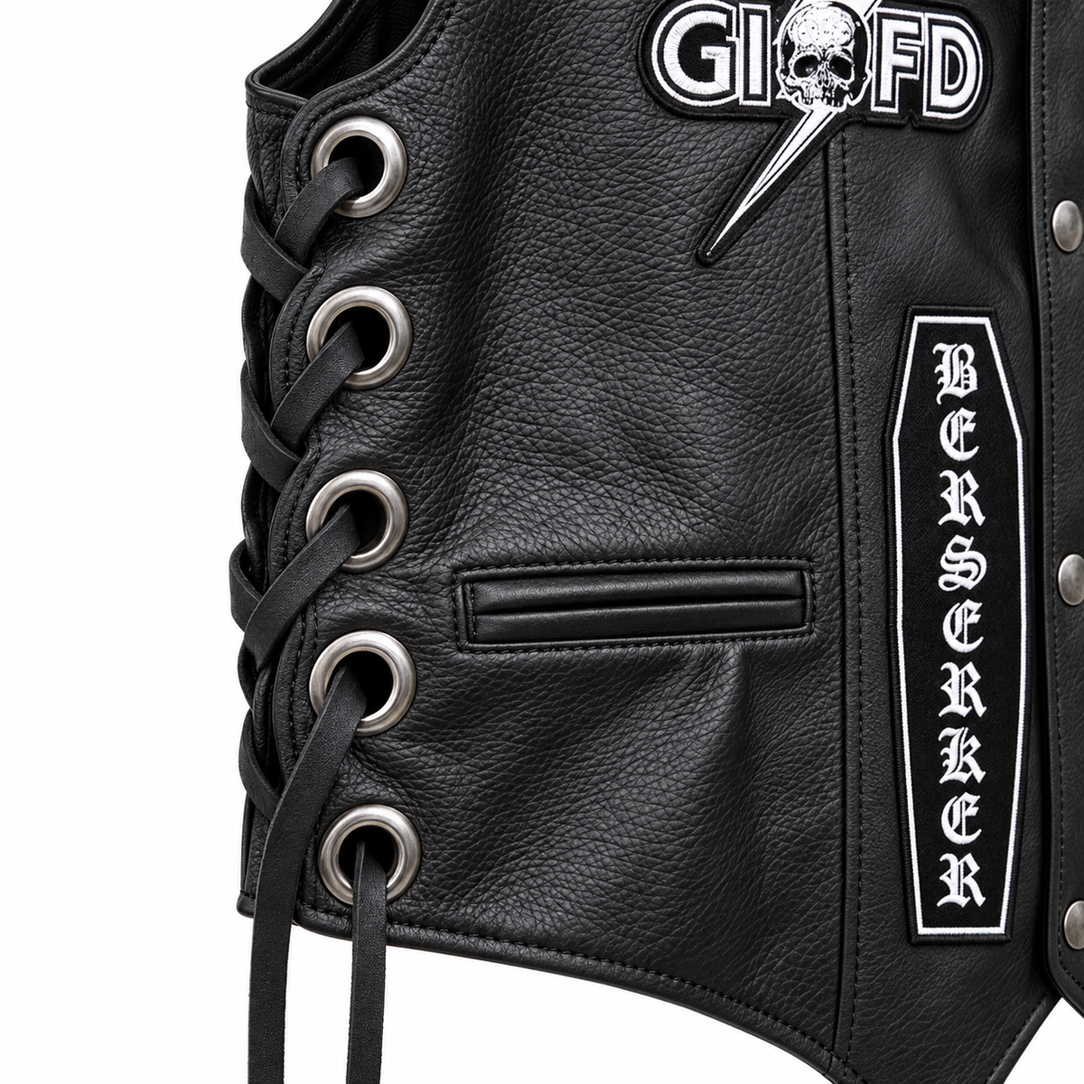 Men's Black Leather Biker Vest with Doom Crew Inc Patches