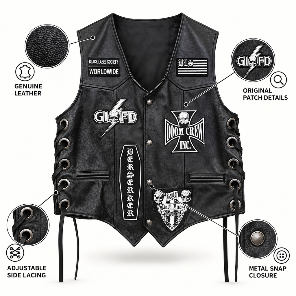 Men's Black Leather Biker Vest with Doom Crew Inc Patches