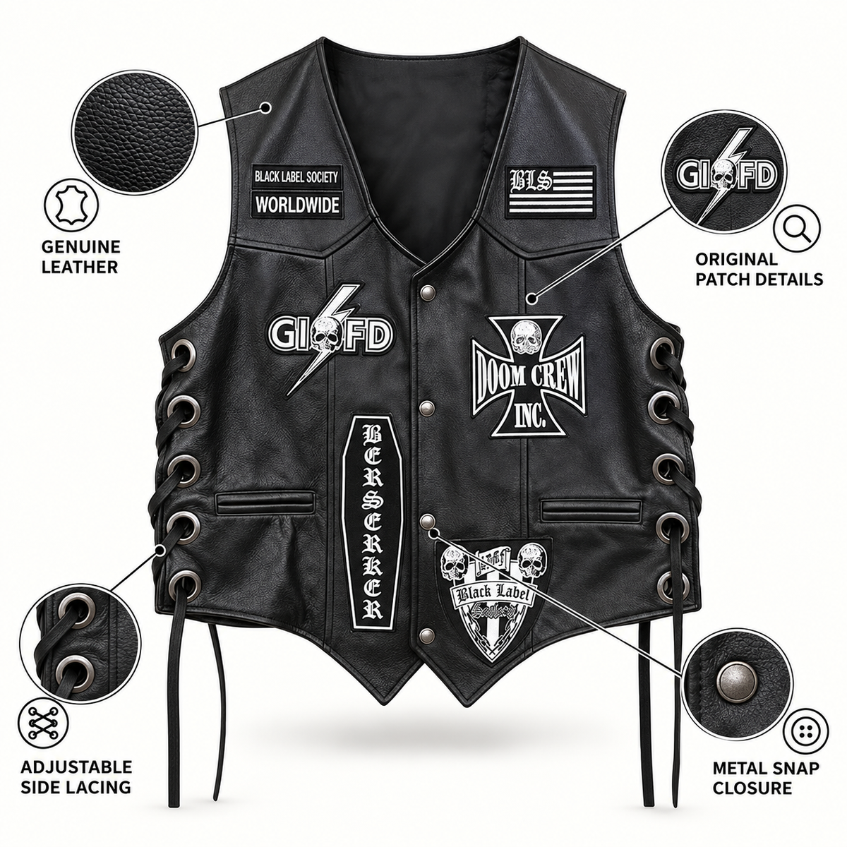 Men's Black Leather Biker Vest with Doom Crew Inc Patches