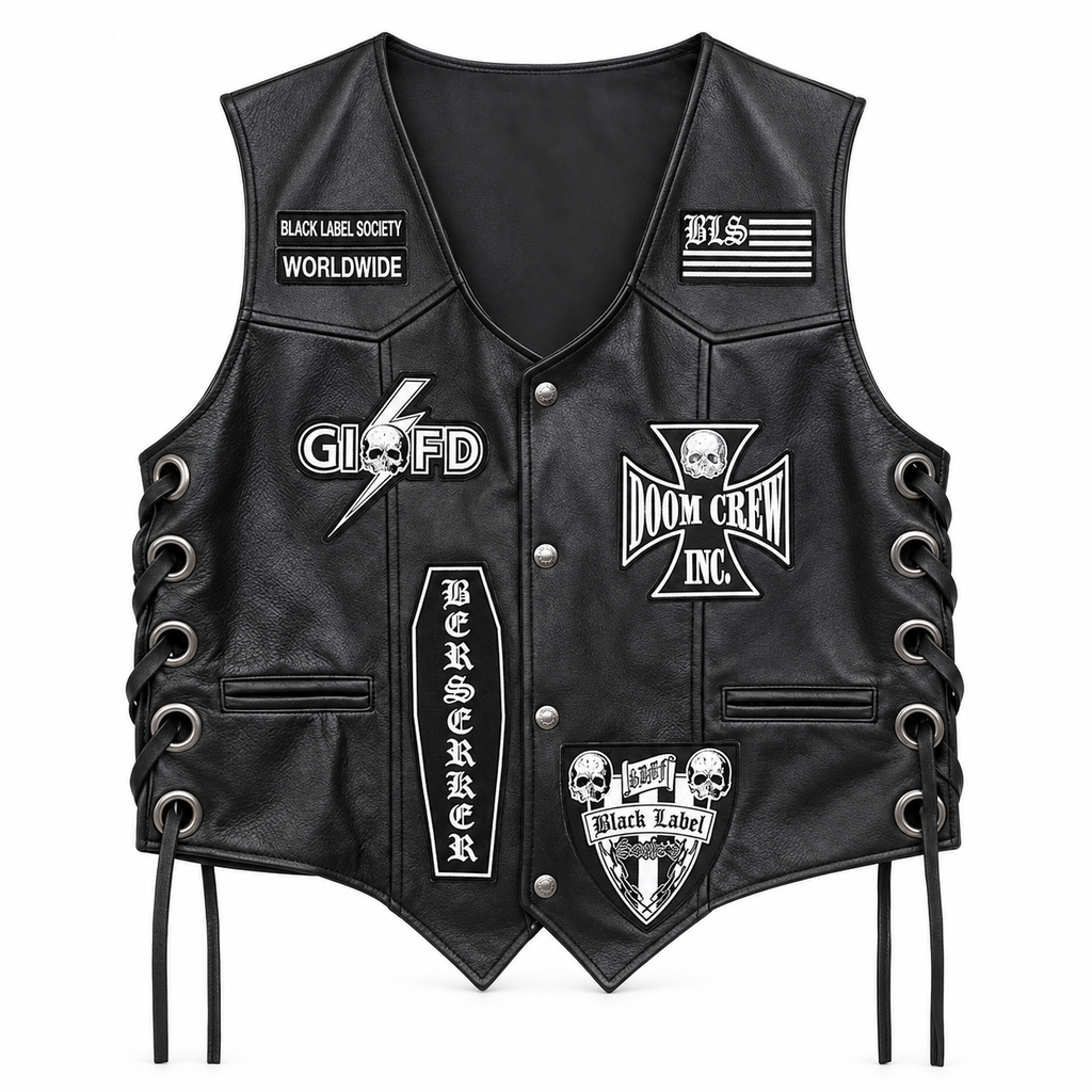 Men's Black Leather Biker Vest with Doom Crew Inc Patches