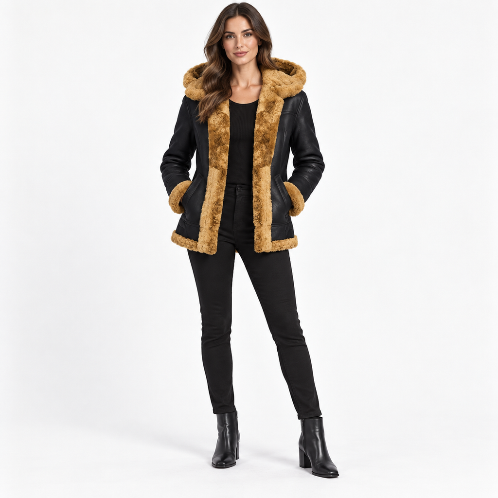 Women's Brown Ginger Hooded Sheepskin B3 Flying RAF Aviator Pilot Leather Jacket