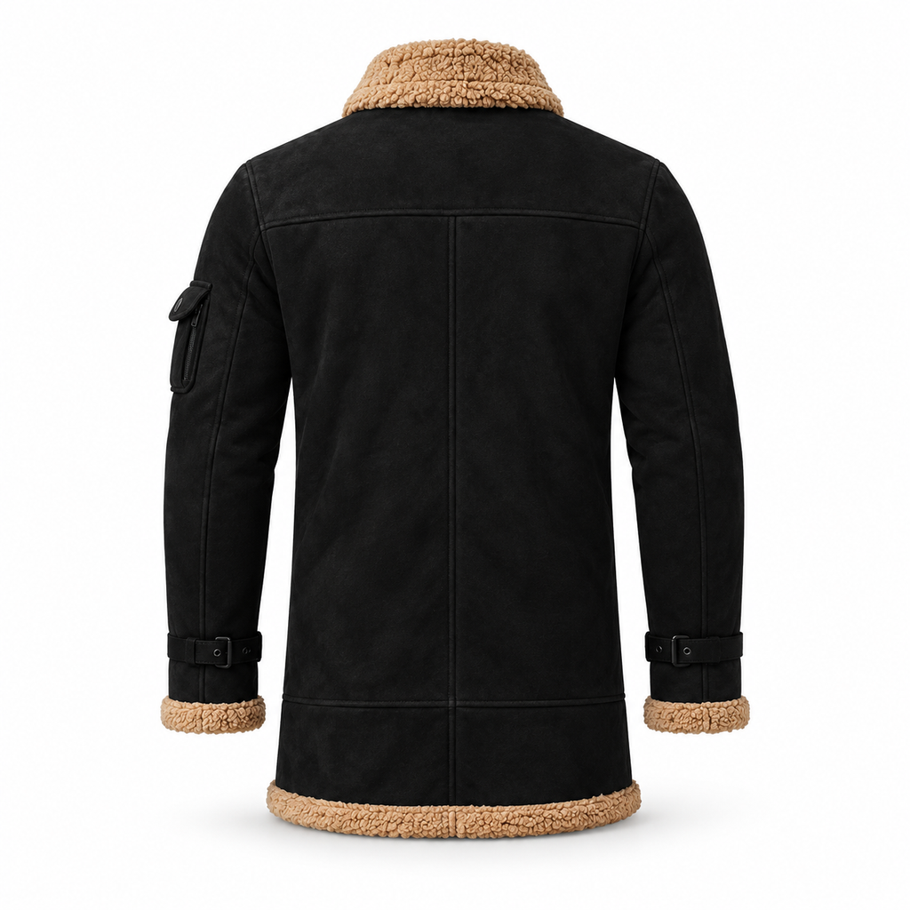 Men's Black Suede Bomber Style Jacket with Real Shearling Collar