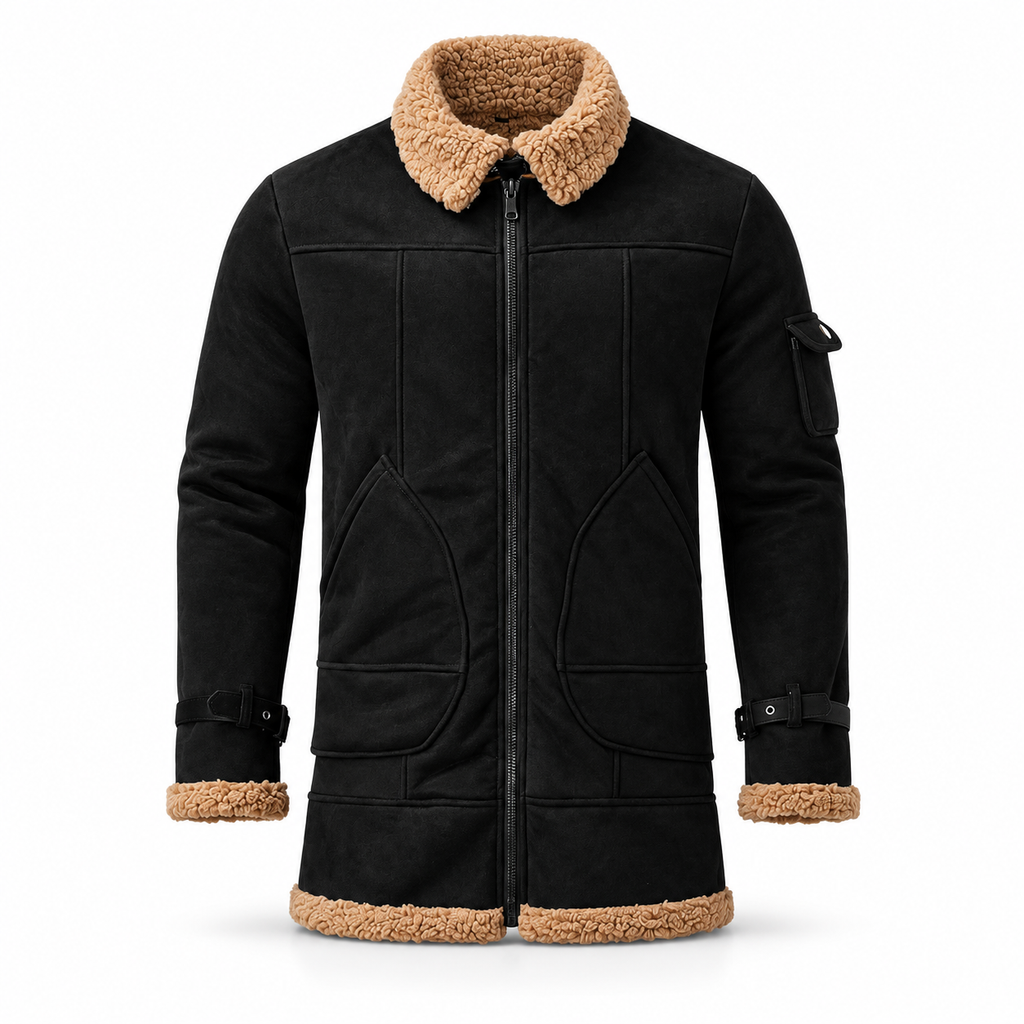 Men's Black Suede Bomber Style Jacket with Real Shearling Collar