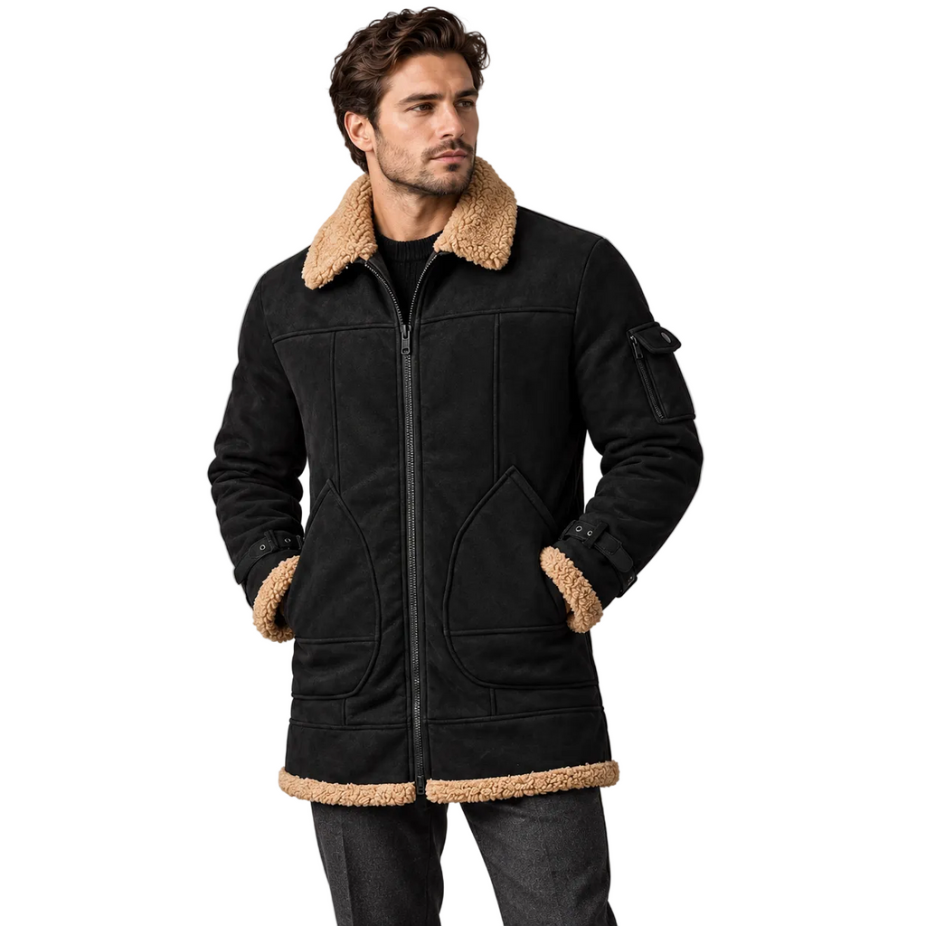 Men's Black Suede Bomber Style Jacket with Real Shearling Collar
