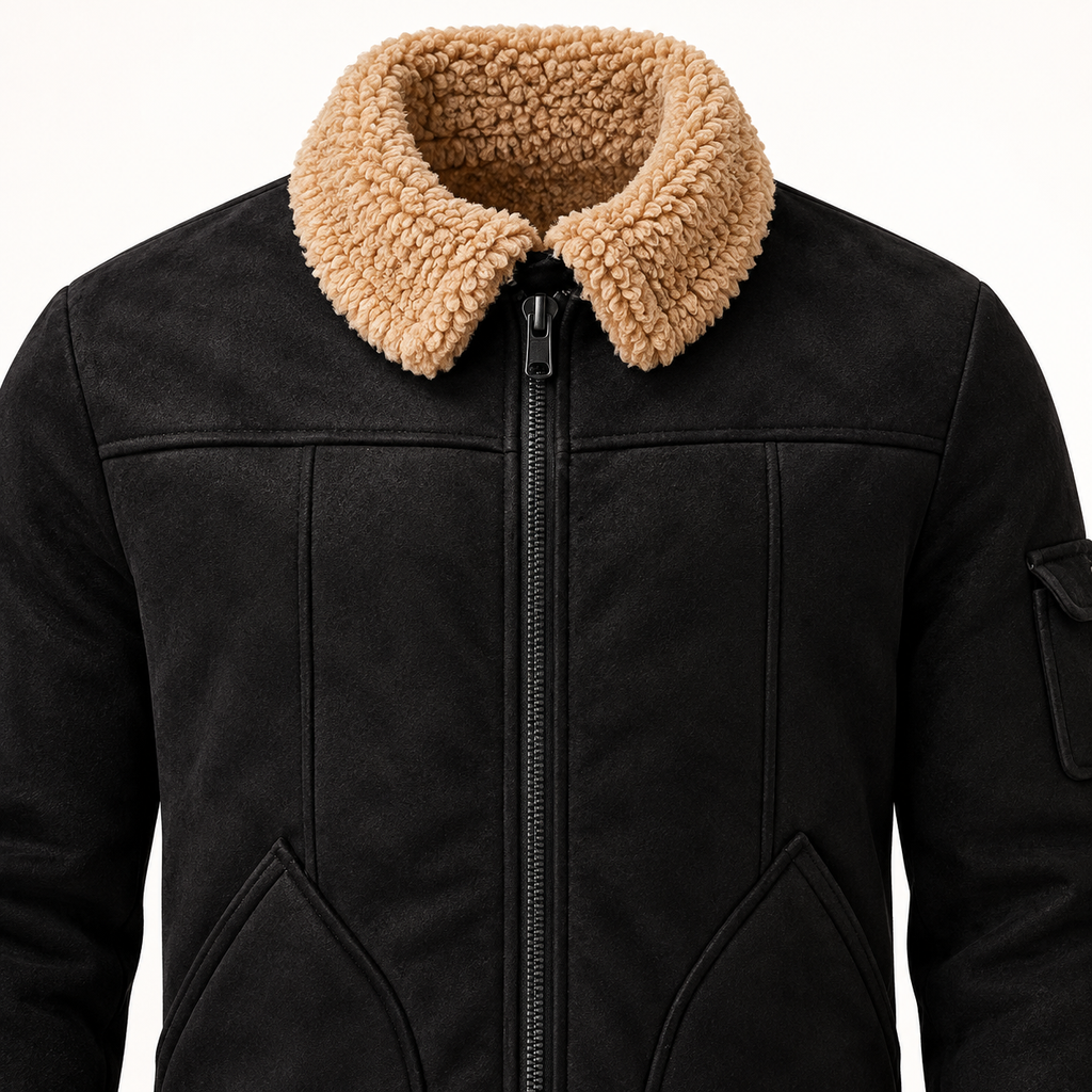 Men's Black Suede Bomber Style Jacket with Real Shearling Collar