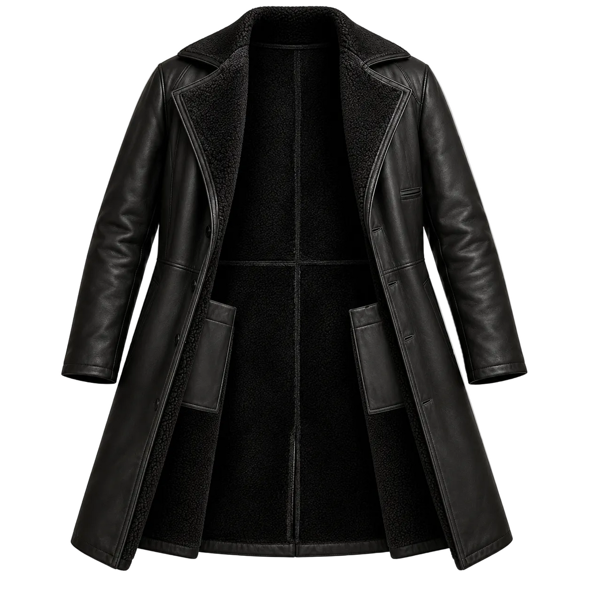 Men's Long Shearling Leather Coat - Stylish Full-Length Winter Jacket