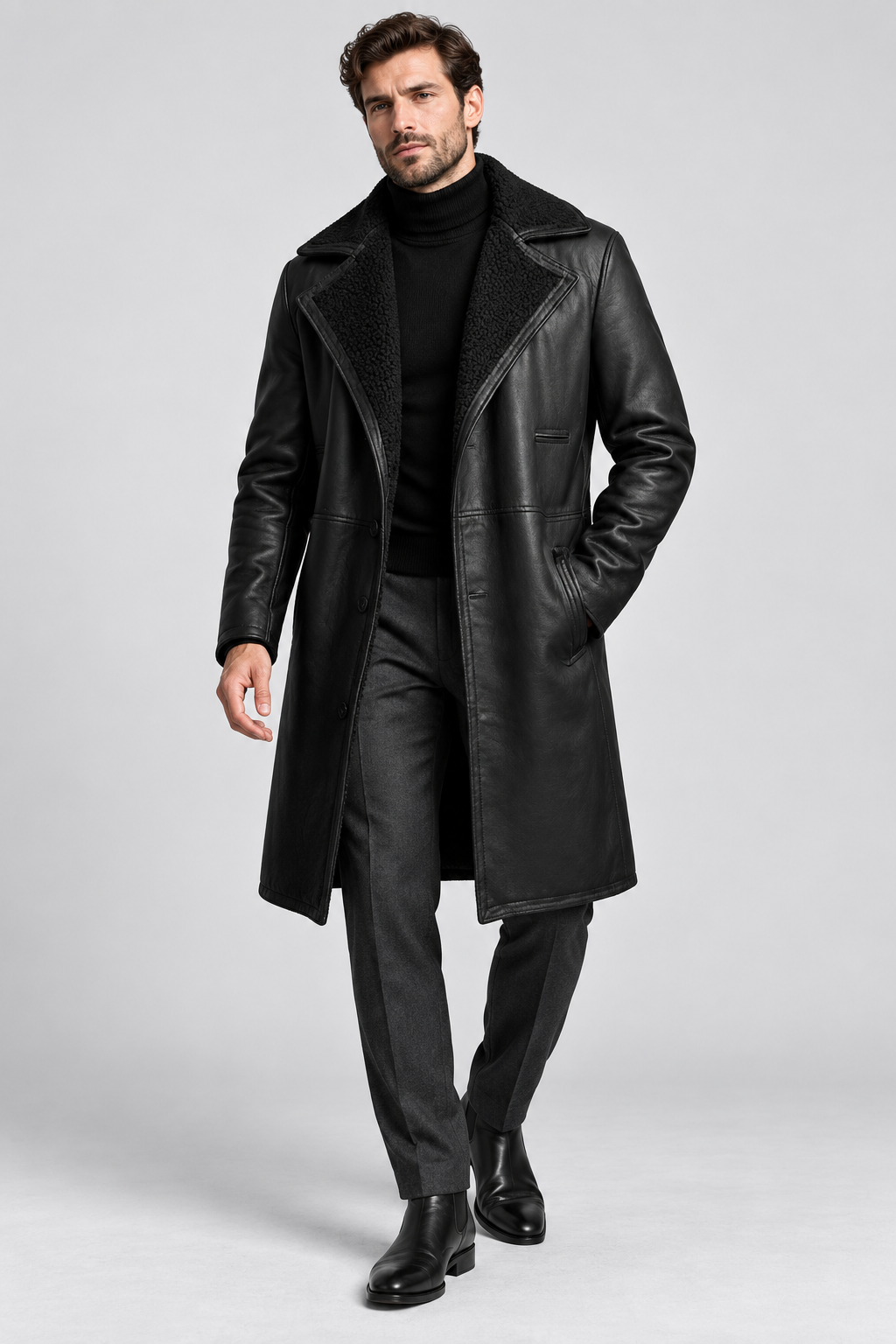 Manteau long en peau lainée pour homme - Élégante veste d'hiver longue