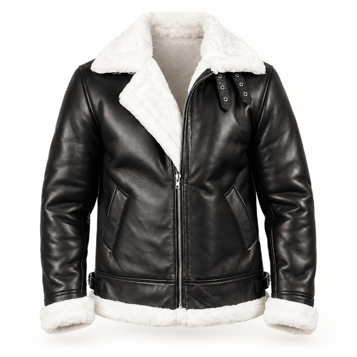 Men's Black Shearling Leather Jacket with White Sheepskin Fur