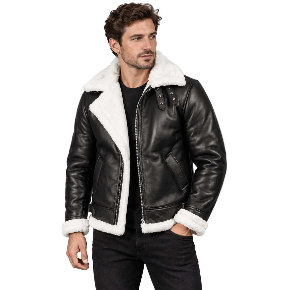 Men's Black Shearling Leather Jacket with White Sheepskin Fur