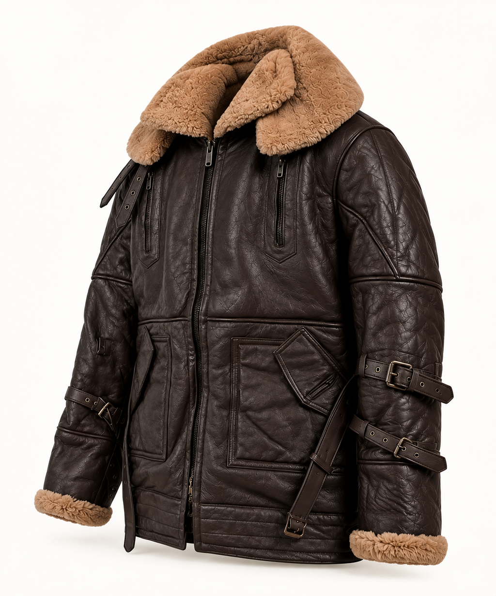 Men's Shearling Leather Aviator Jacket - 3/4 side view